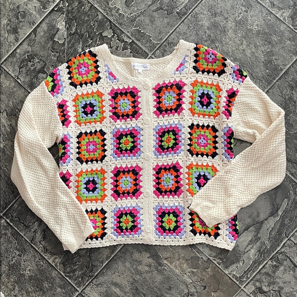NORTHERN REFLECTIONS Colourful Crochet Cardigan Cottage Coastal Grandma Grunge